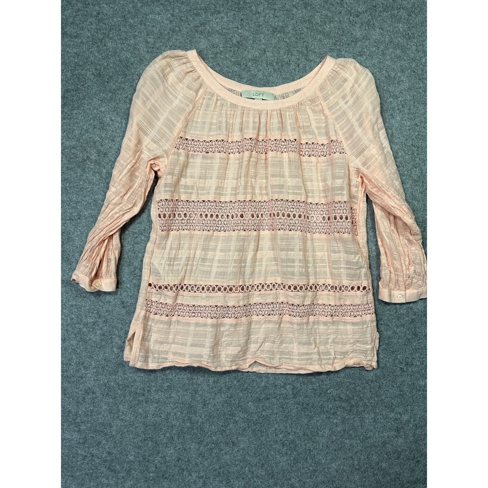 Loft Ann‎ Taylor Womens Peach Crochet Lace Panel Textured Plaid Blouse Small